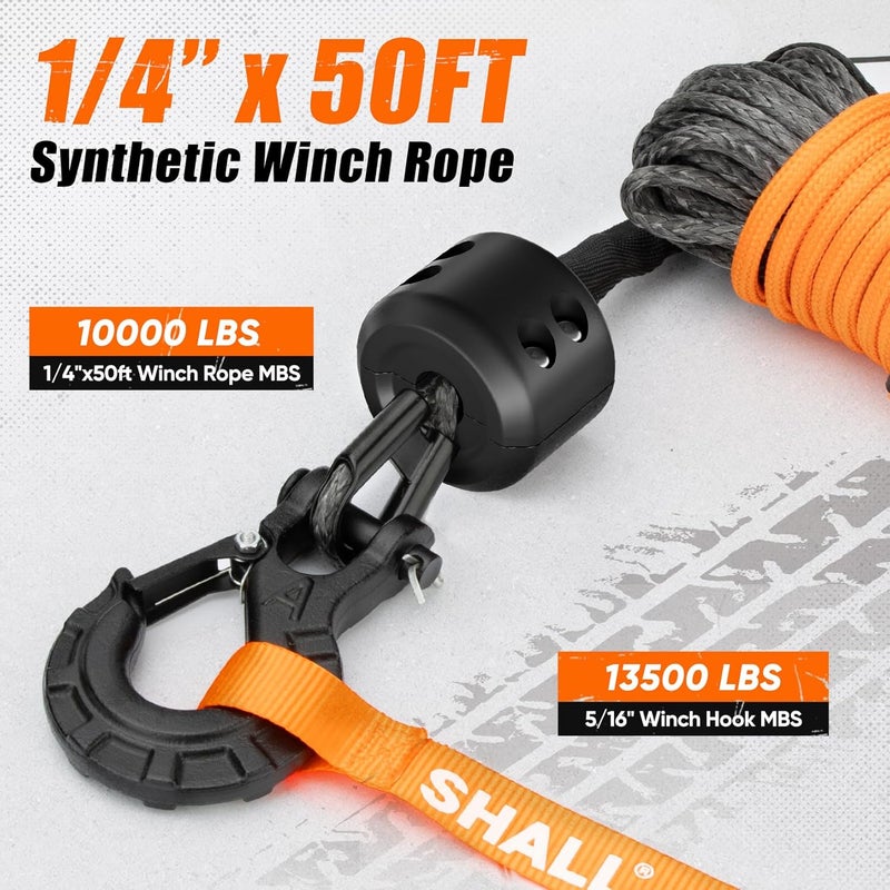 SHALL Winch Rope, 1/4 Inch x 50 Ft Synthetic Winch Rope - 10000LBS Winch Line with Protective Sleeve, Forged Hook, Rubber Stopper & Safety Pull Strap - Premium Winch Cable for ATV UTV Offroad Vehicle - Image 2